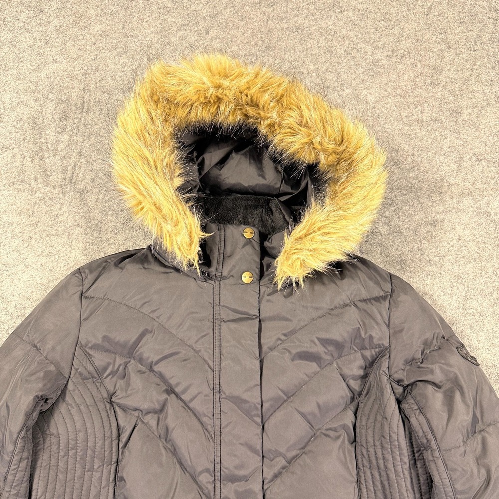 Larry Levine Jacket Womens Medium Black Long Puffer Down Coat Hood Faux Fur - Picture 2 of 10